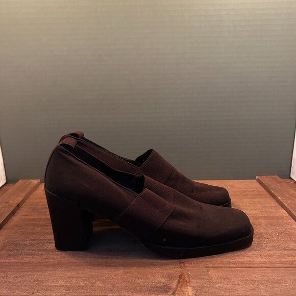 Donald J Pliner Womens Loafer Brown Fabric Block Heels Square Toe Slip On 7.5 - Picture 6 of 10